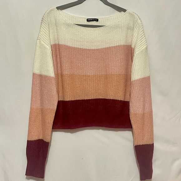 Pink Boxy Cropped Boat Neck Stripe Ribbed Knit Sweater - Picture 7 of 14